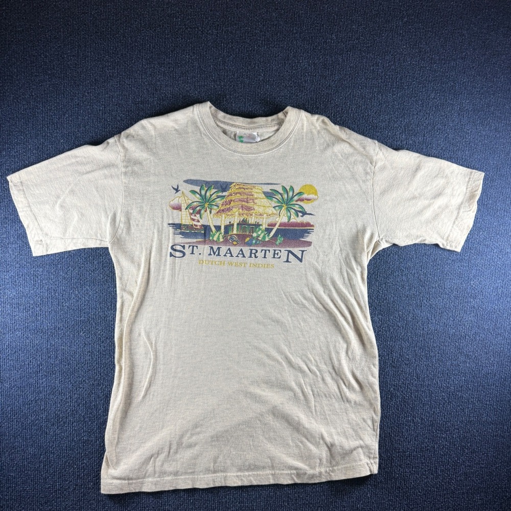 Caribbean T's St. Maarten Tee XL 21in Pit Oatmeal Cotton Vintage Tropical